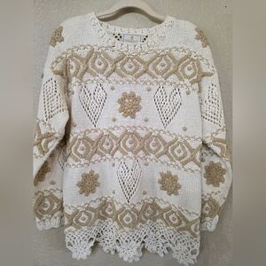 Vintage Express Tricot Women's Cream and Tan Patterned Sweater